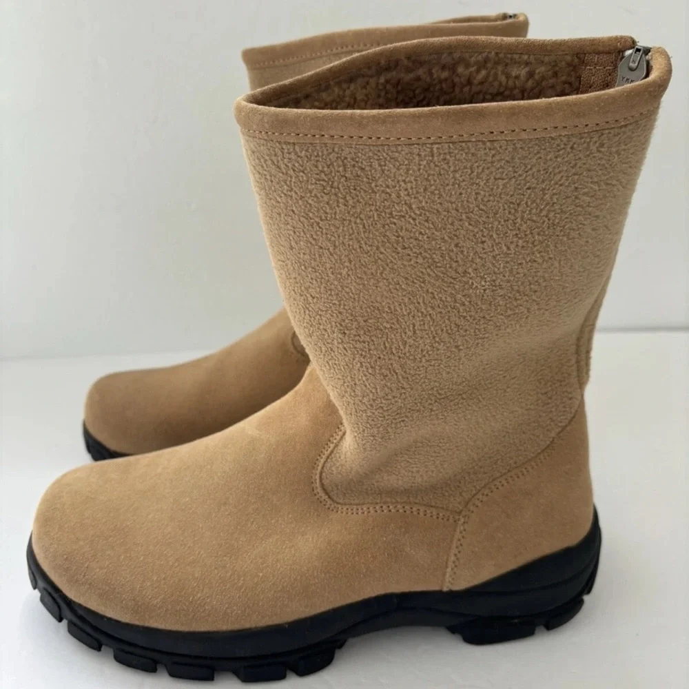 Lands End Chestnut Suede Lined Fleece Zip Back Mid Calf Boots Size 4 EUC